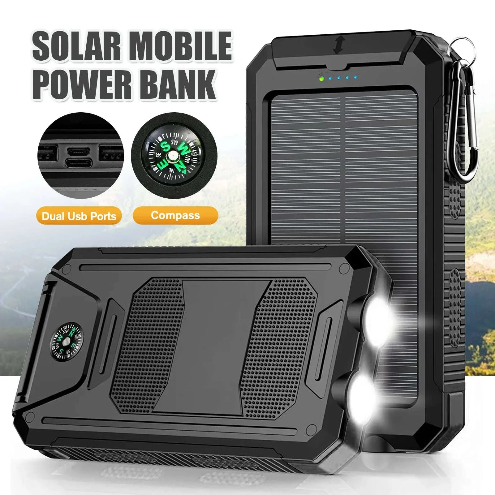 10000mAh Solar Power Bank with Dual USB, LED Flashlight & Waterproof Design