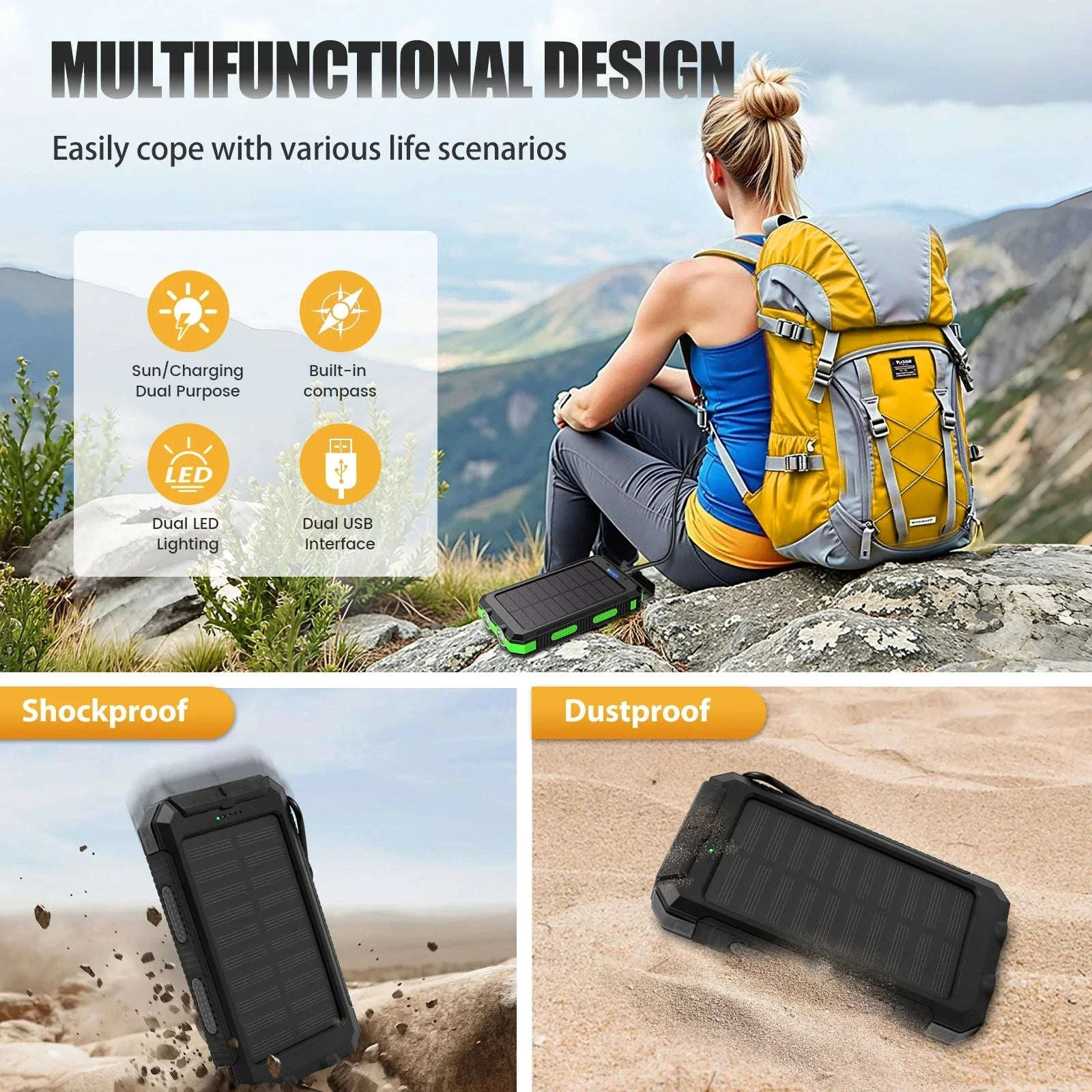 10000mAh Solar Power Bank with Dual USB, LED Flashlight & Waterproof Design - Image 14