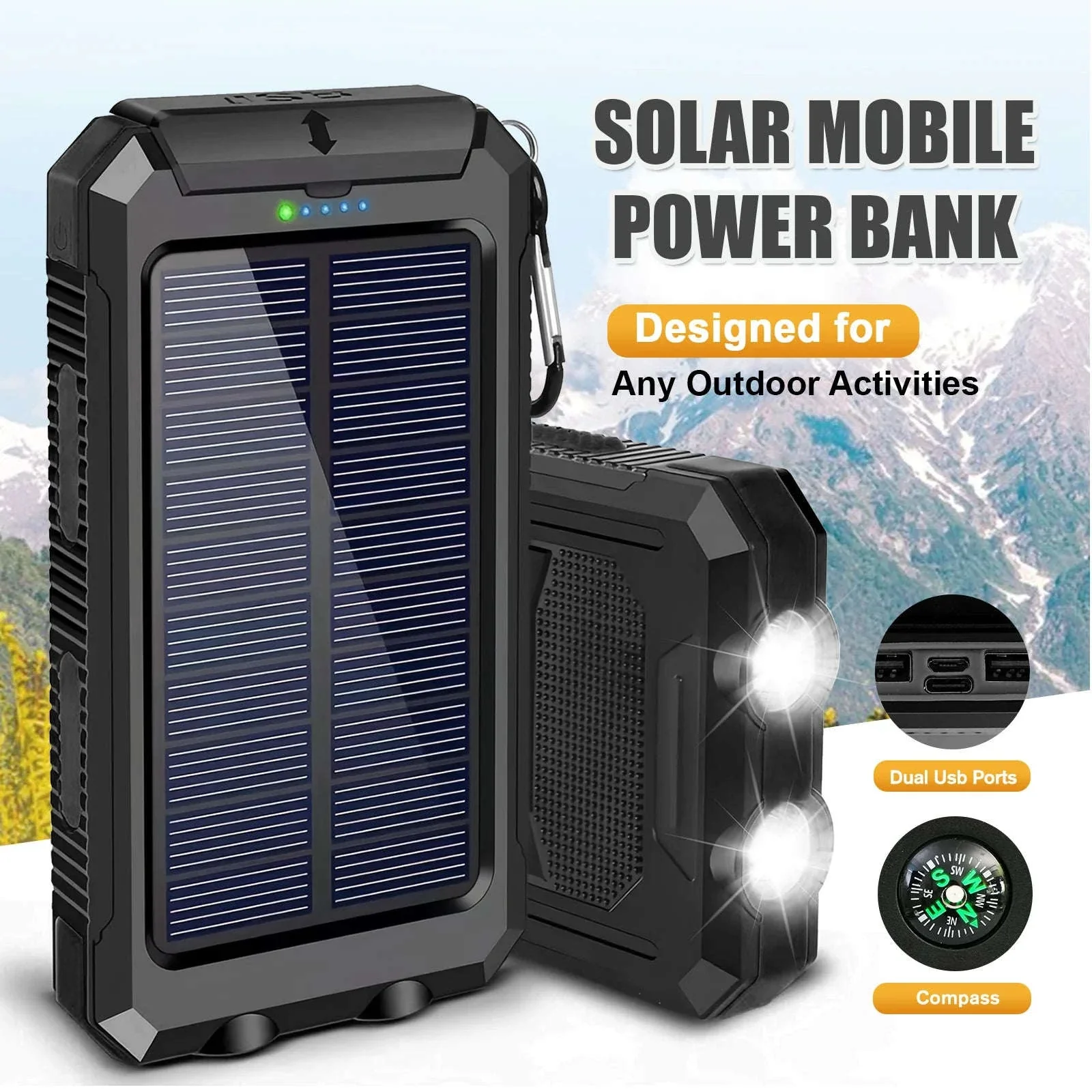 10000mAh Solar Power Bank with Dual USB, LED Flashlight & Waterproof Design - Image 7