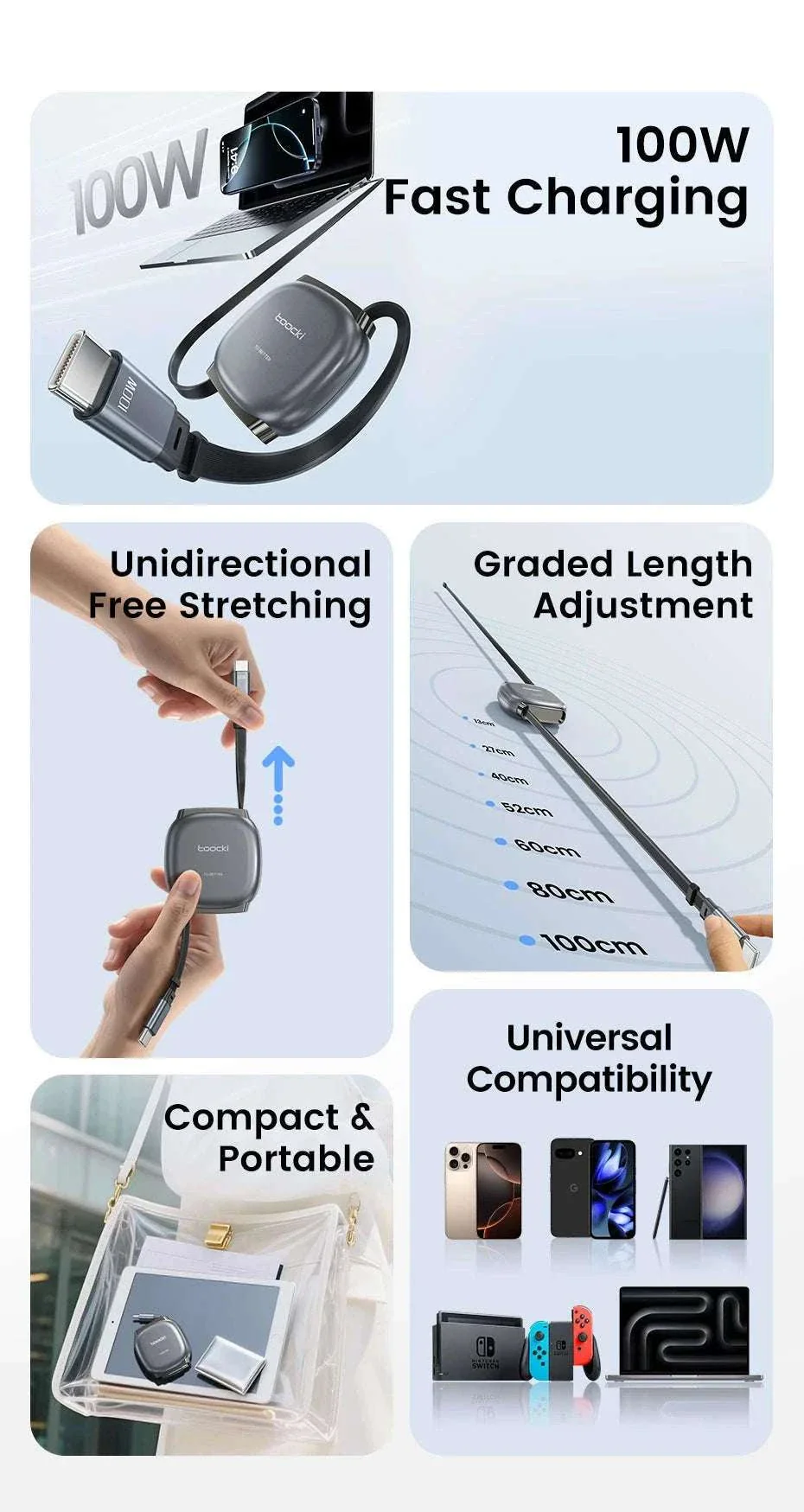100W Retractable USB-C Fast Charging Cable with Magnetic Storage - Image 8
