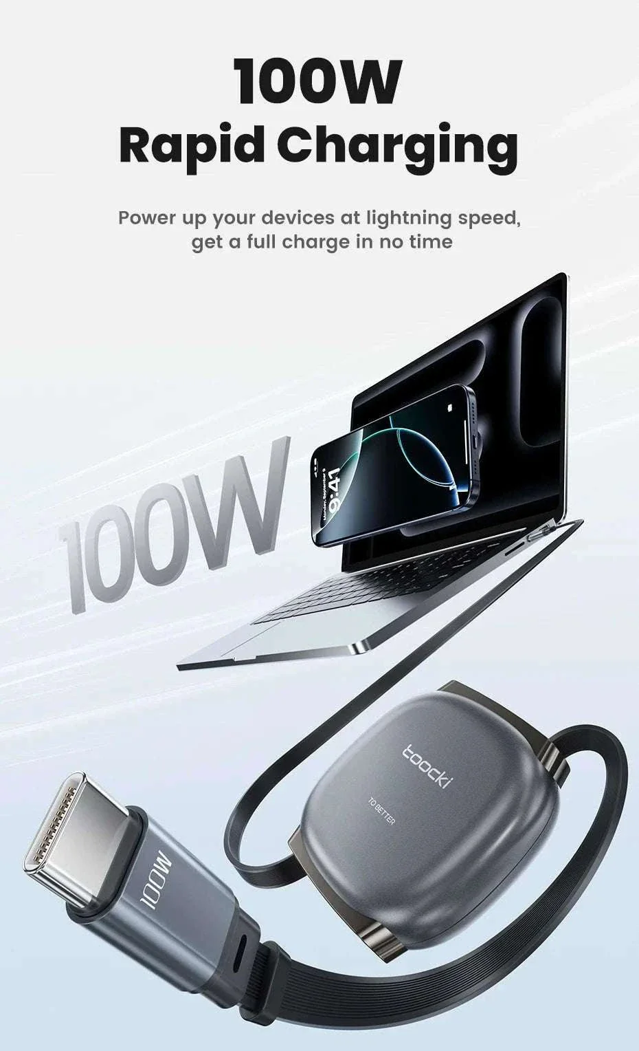 100W Retractable USB-C Fast Charging Cable with Magnetic Storage - Image 9