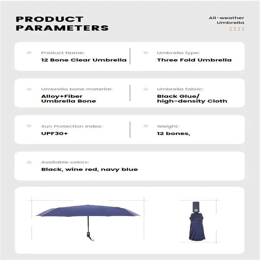 12-Bone Fully Automatic Folding Umbrella with UV Black Coating - Image 14