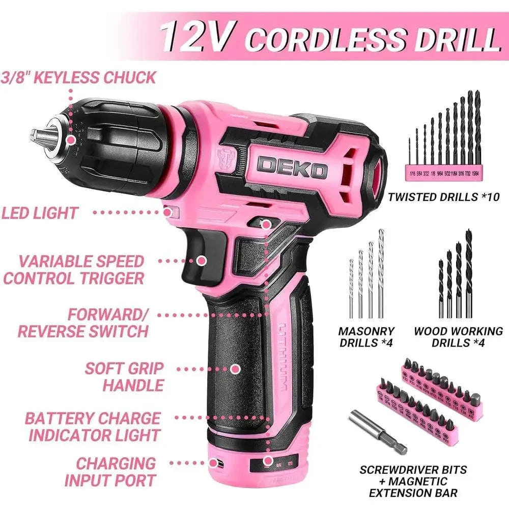 12V Cordless Pink Drill Set with 1.5Ah Battery and Tool Kit - Image 3