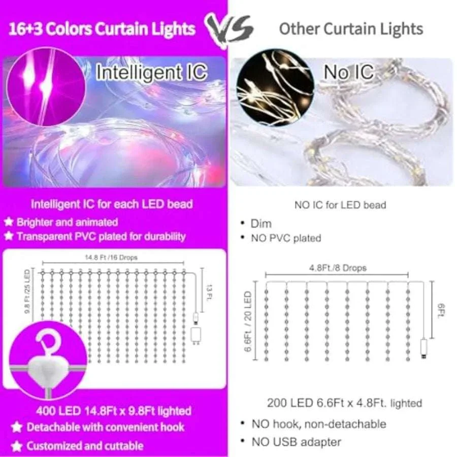 16 Color Curtain Lights 400 LED Twinkle Backdrop with Remote - Image 9