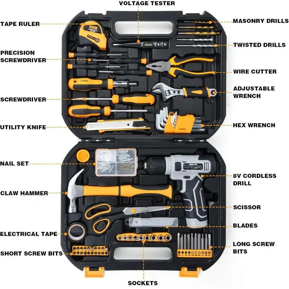 180-Piece Tool Kit with 8V Cordless Drill for Home Repairs - Image 2