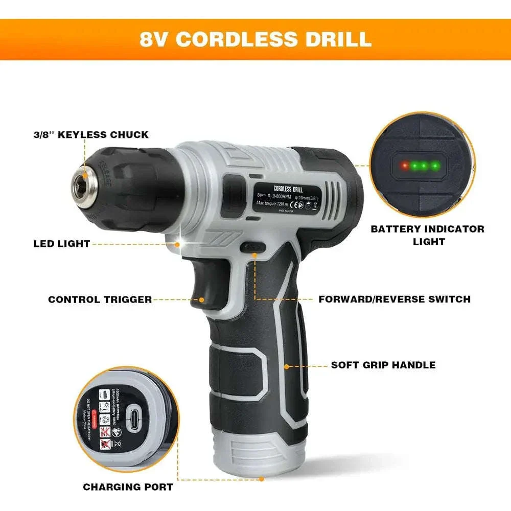 180-Piece Tool Kit with 8V Cordless Drill for Home Repairs - Image 9