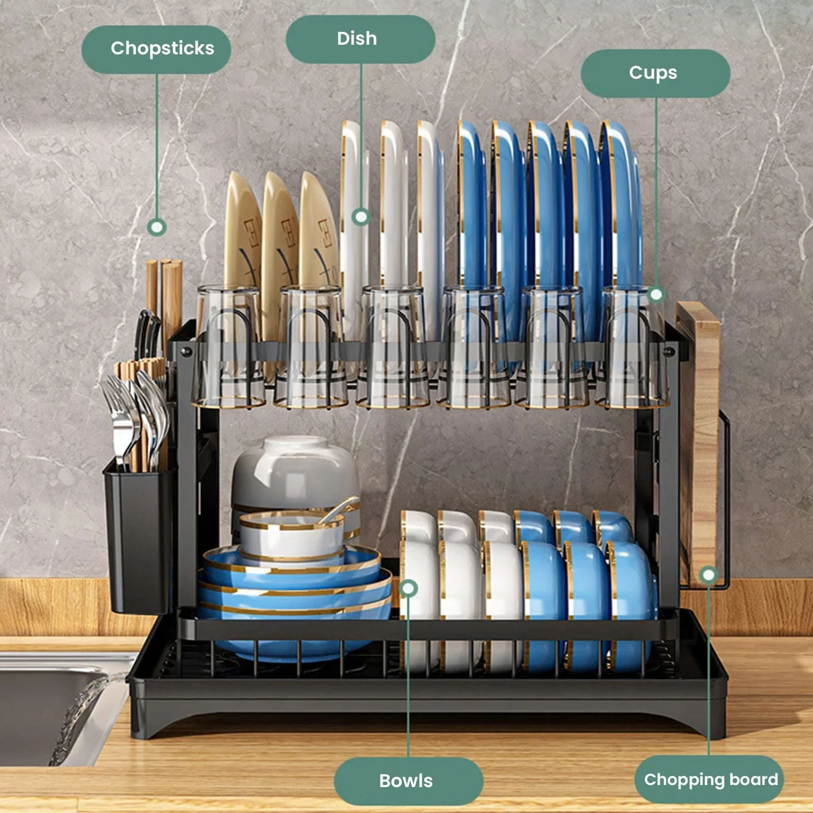 2-Tier Dish Drying Rack with Drainboard Space-Saving Organizer - Image 2