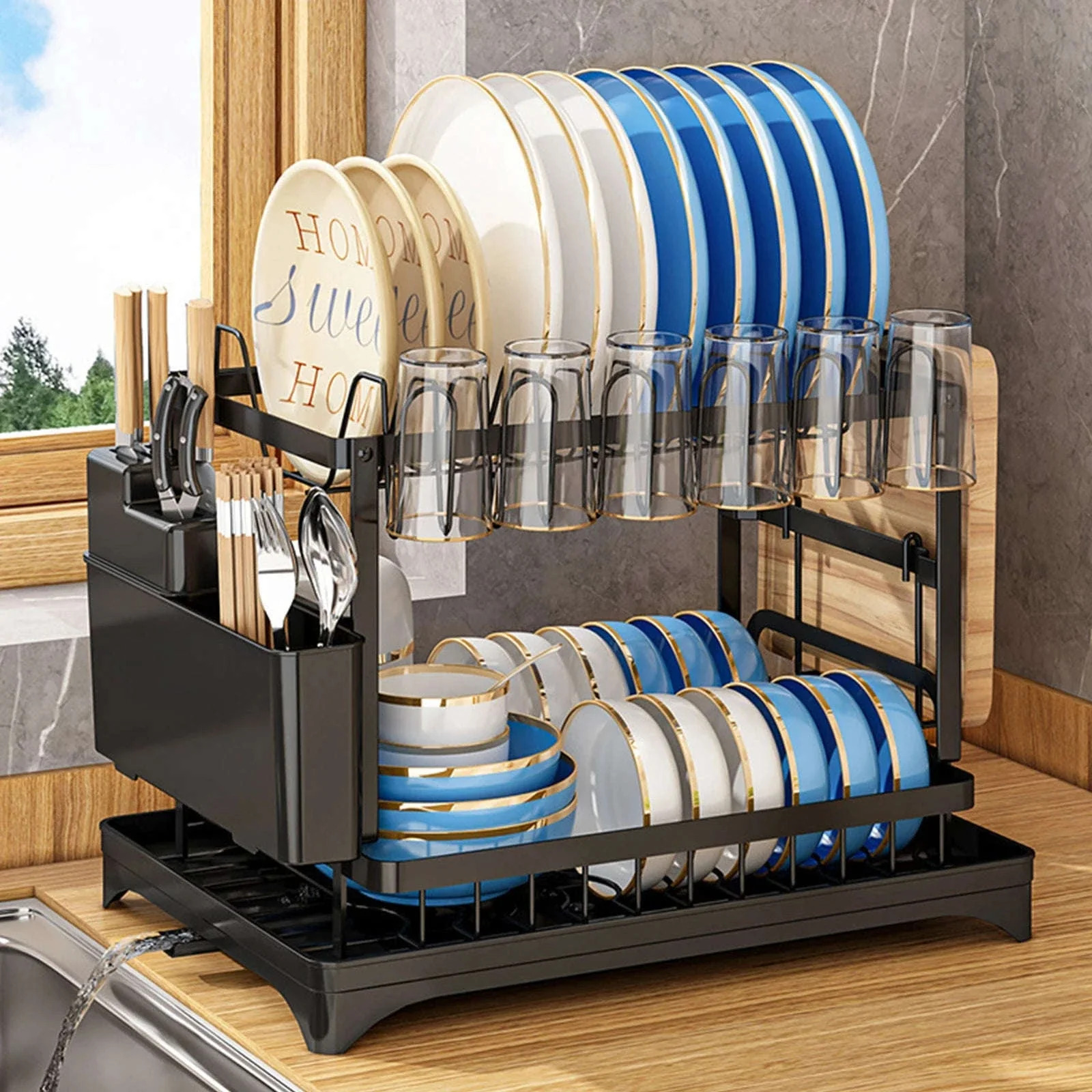 2 Tier Dish Drying Rack with Drain Spout & Cutlery Holder - Image 9