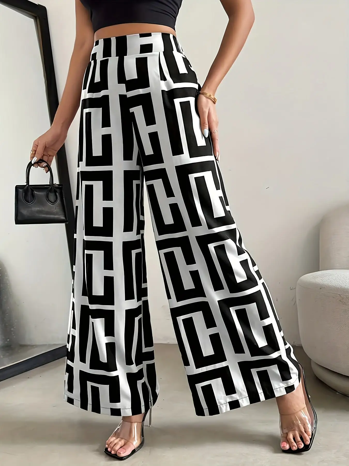 Bohemian Wide Leg Pants with Elastic Waist and Checkered Print