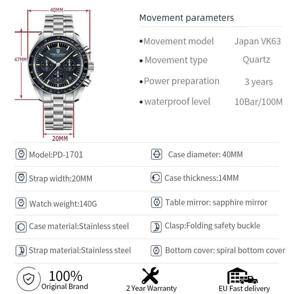 Pagani Design PD1701 Moonwatch Chronograph Steel Quartz Watch - Image 8