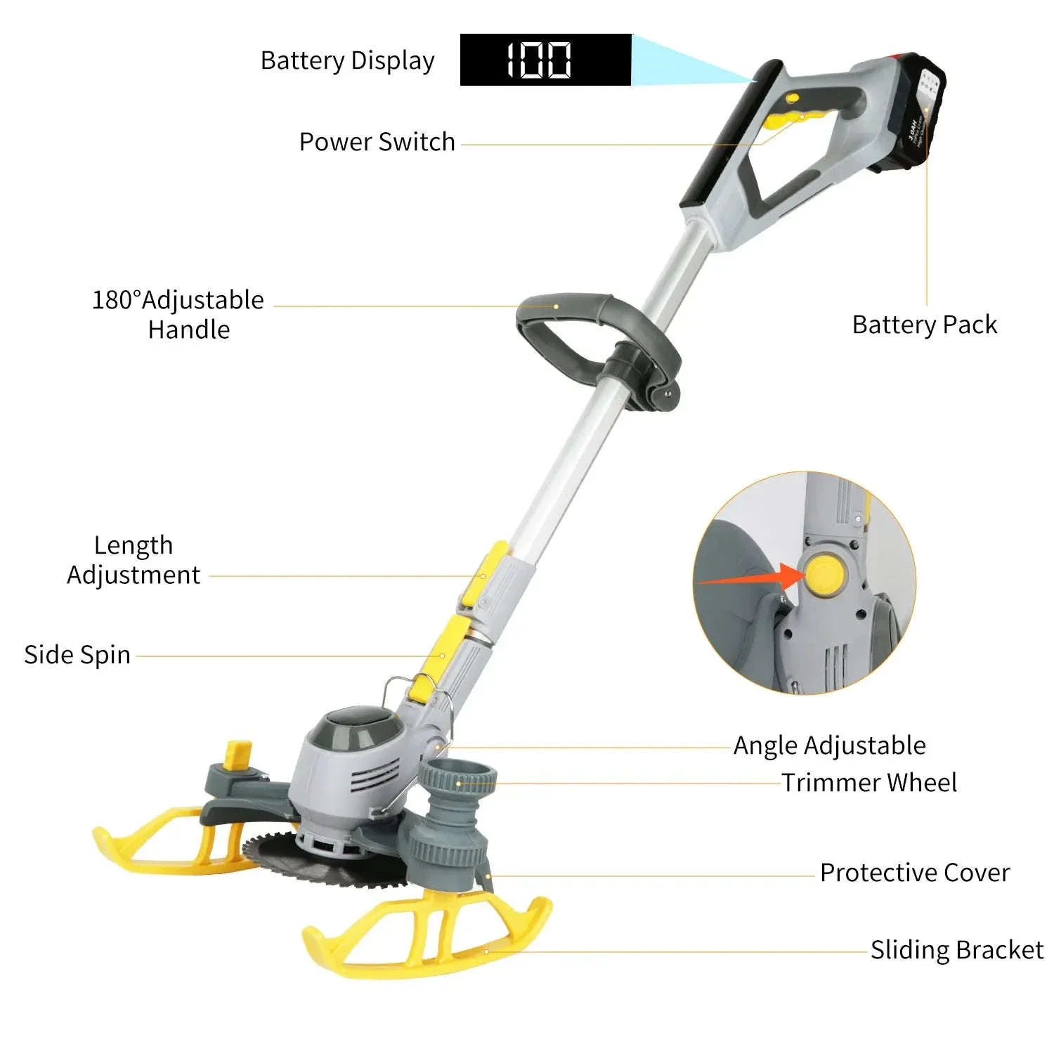 21V Cordless Weed Trimmer with Wheels, LED Display & 3 Blades - Image 10