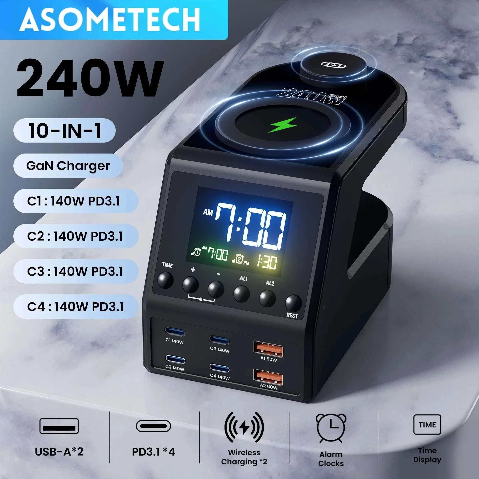 240W GaN Charging Station with 10 Ports, Wireless Pads & Clock