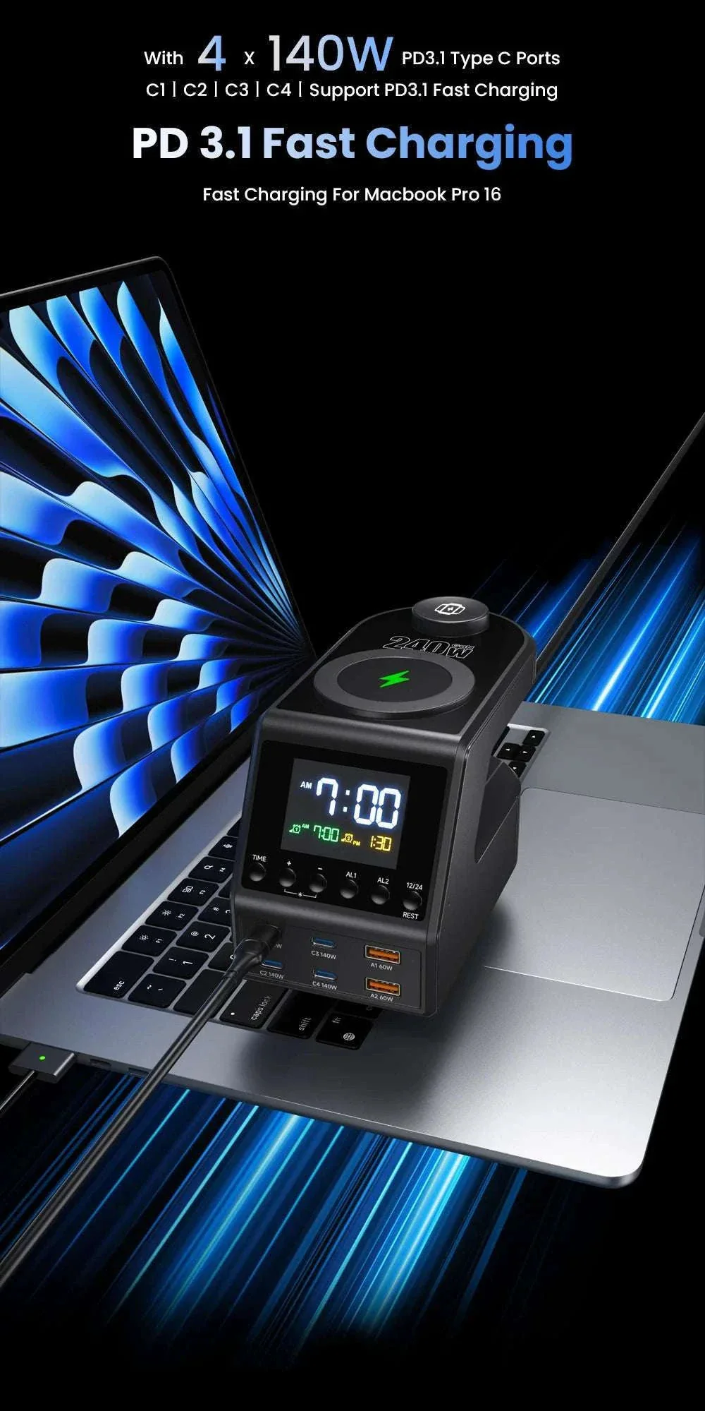 240W GaN Charging Station with 10 Ports, Wireless Pads & Clock - Image 10