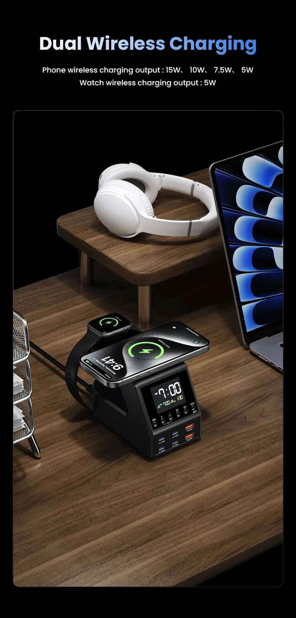 240W GaN Charging Station with 10 Ports, Wireless Pads & Clock - Image 12