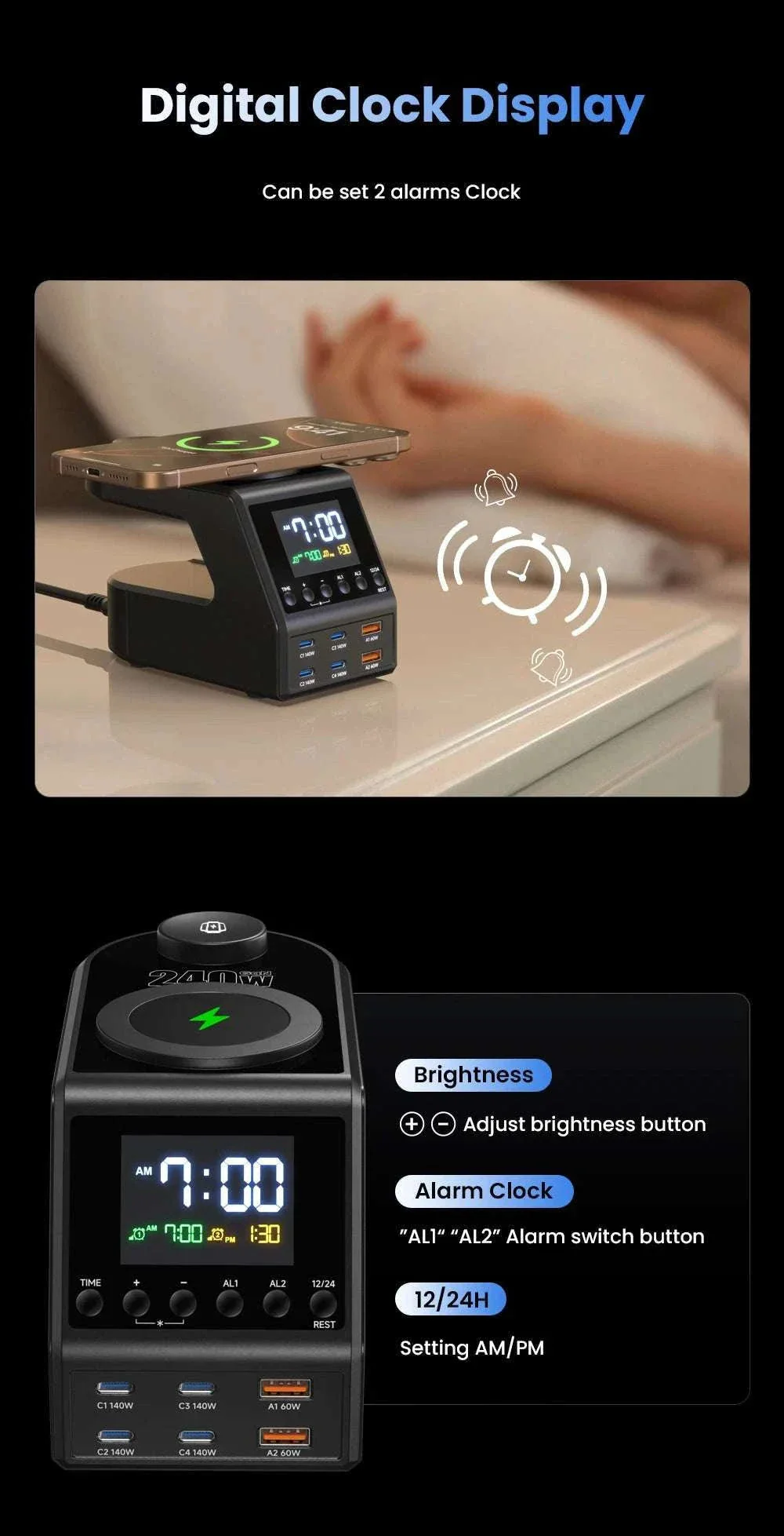 240W GaN Charging Station with 10 Ports, Wireless Pads & Clock - Image 13