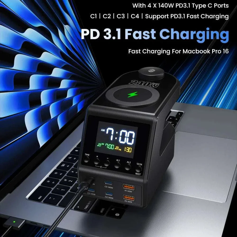 240W GaN Charging Station with 10 Ports, Wireless Pads & Clock - Image 2