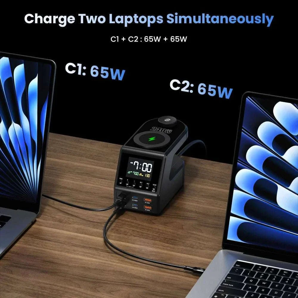 240W GaN Charging Station with 10 Ports, Wireless Pads & Clock - Image 3