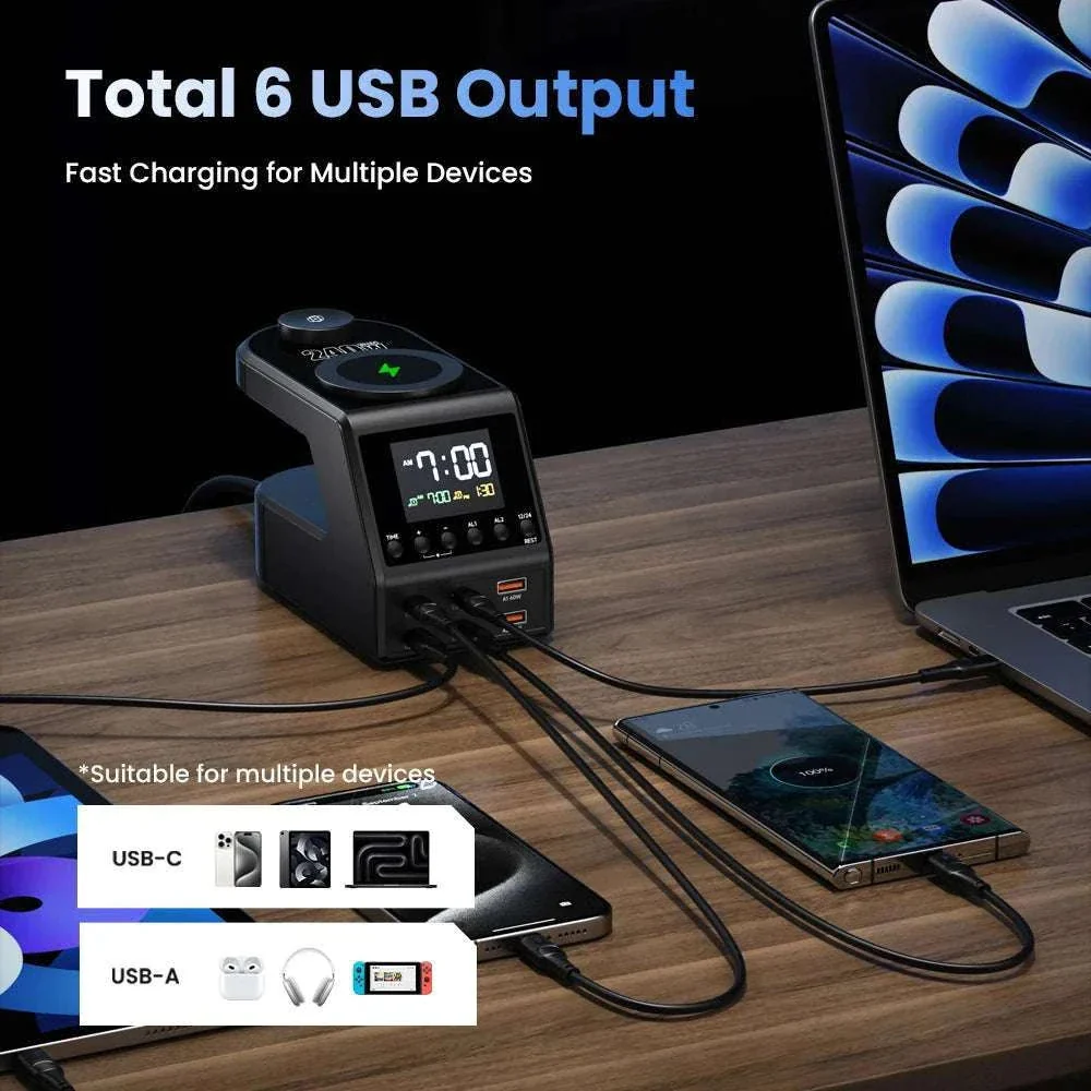 240W GaN Charging Station with 10 Ports, Wireless Pads & Clock - Image 4