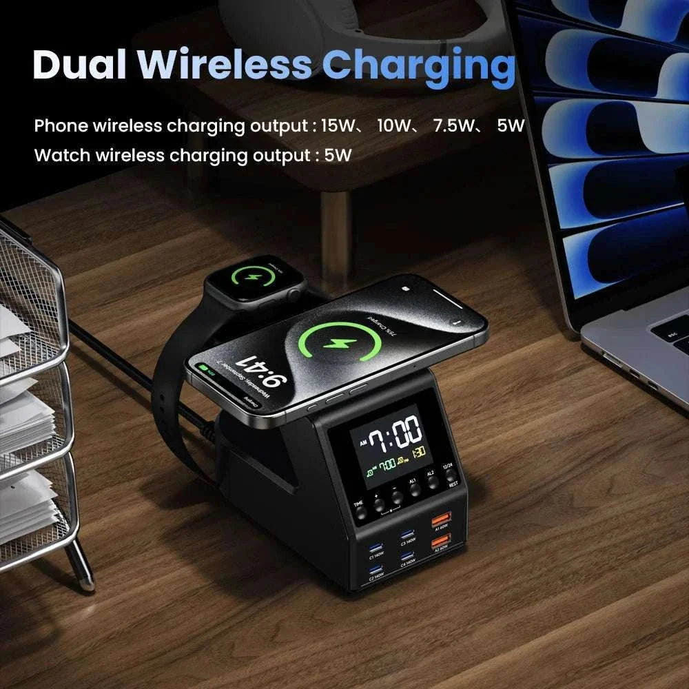 240W GaN Charging Station with 10 Ports, Wireless Pads & Clock - Image 5
