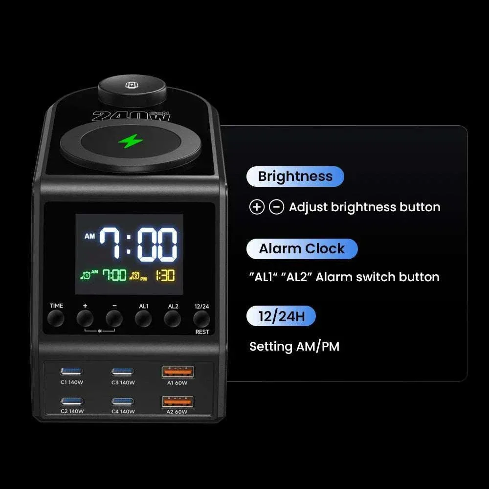 240W GaN Charging Station with 10 Ports, Wireless Pads & Clock - Image 6