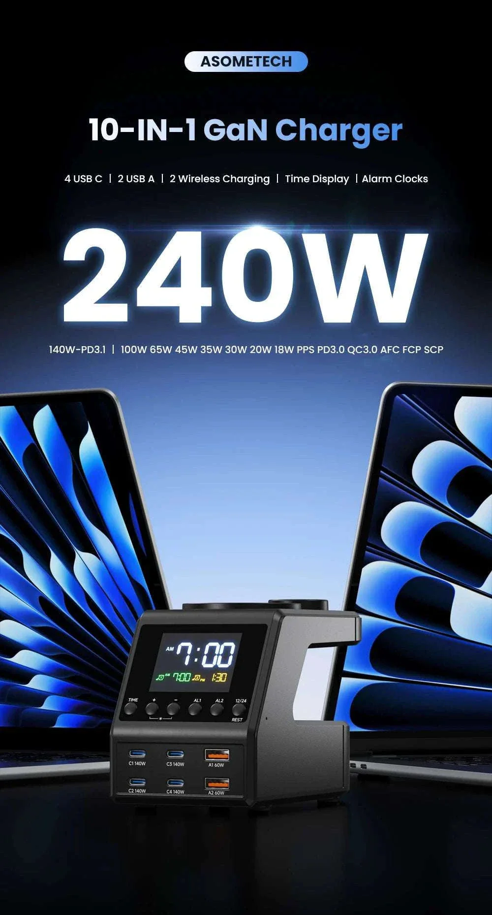 240W GaN Charging Station with 10 Ports, Wireless Pads & Clock - Image 7