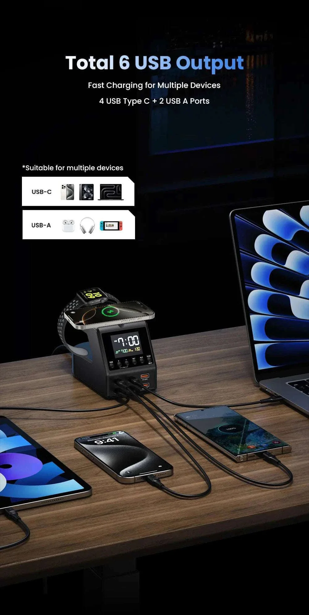 240W GaN Charging Station with 10 Ports, Wireless Pads & Clock - Image 9