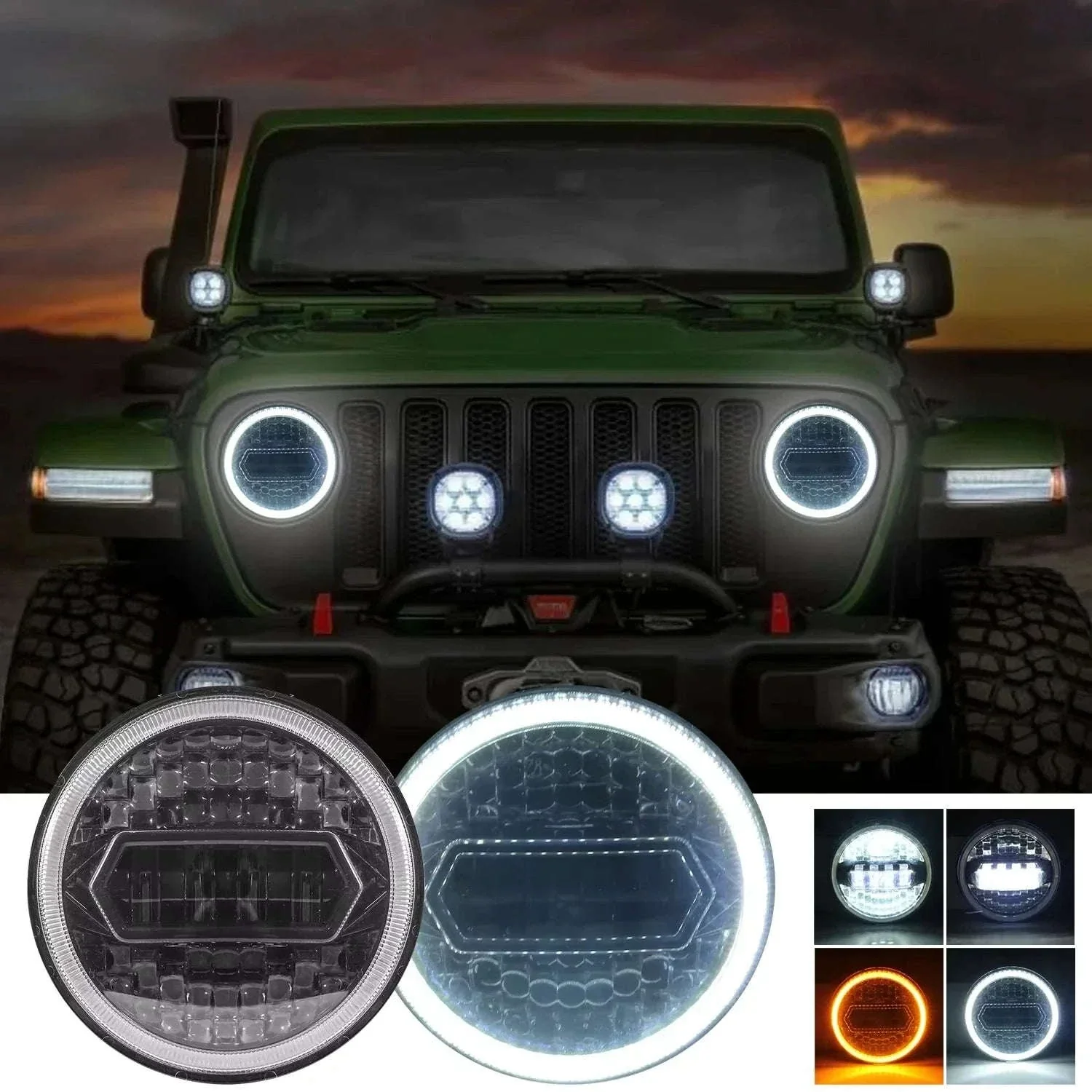 2PCS 7 Inch LED Round Headlight with DRL and Angel Eye