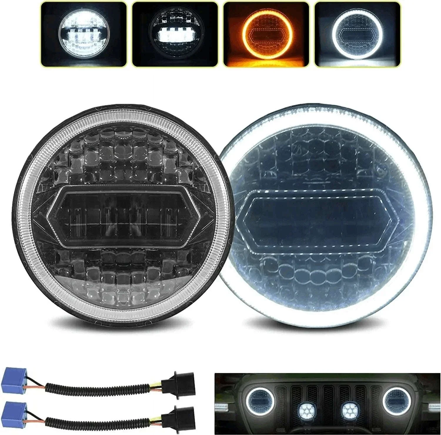 2PCS 7 Inch LED Round Headlight with DRL and Angel Eye - Image 6