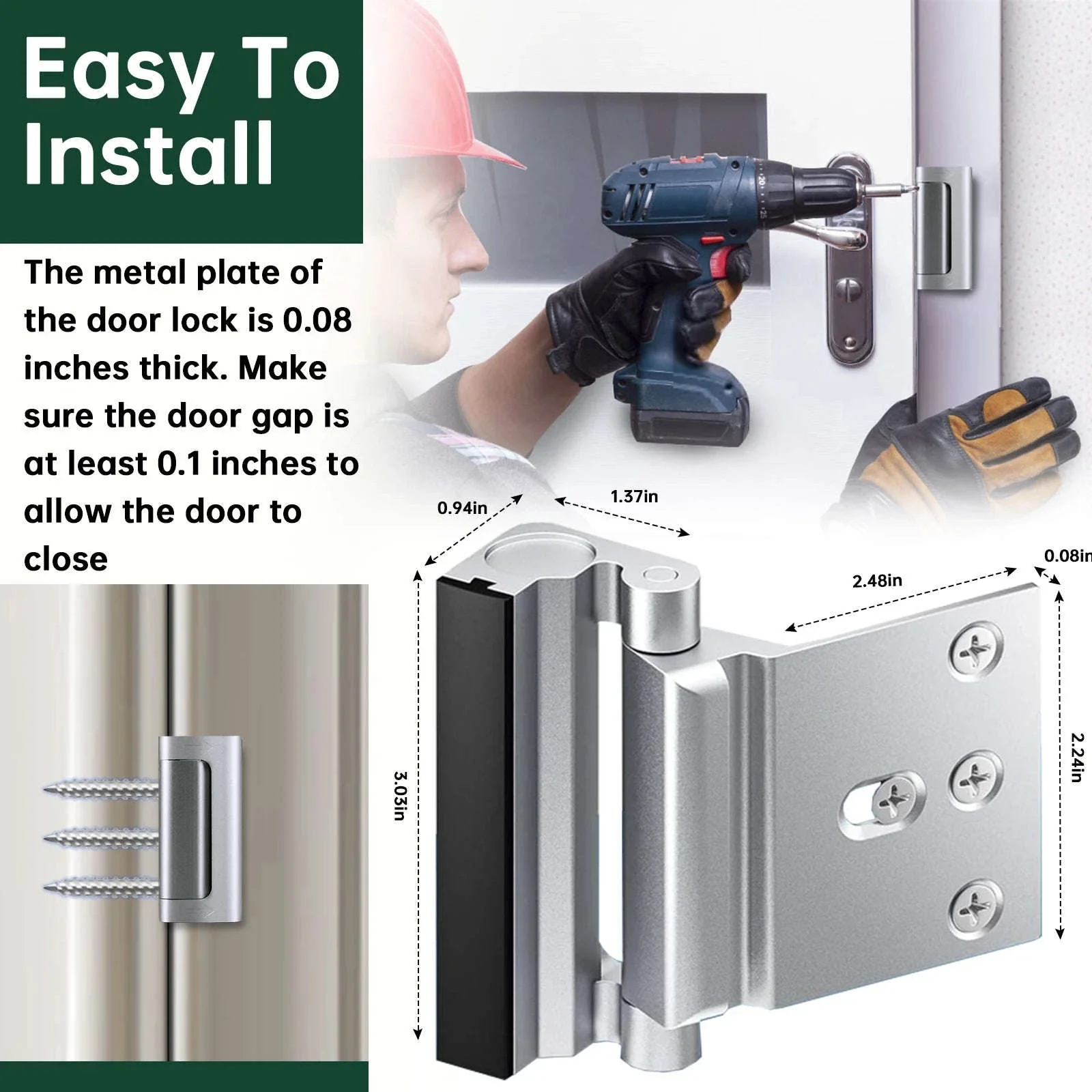2-Piece Home Security Door Lock Reinforcement Latch, 800lbs - Image 4