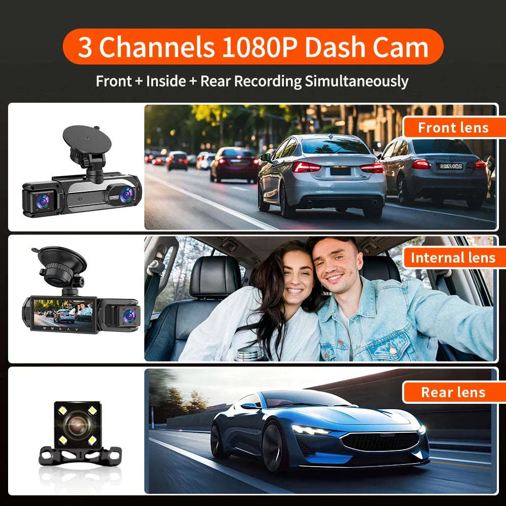 3 Camera Dash Cam 1080P Front Rear Interior Night Vision Parking Monitor - Image 2