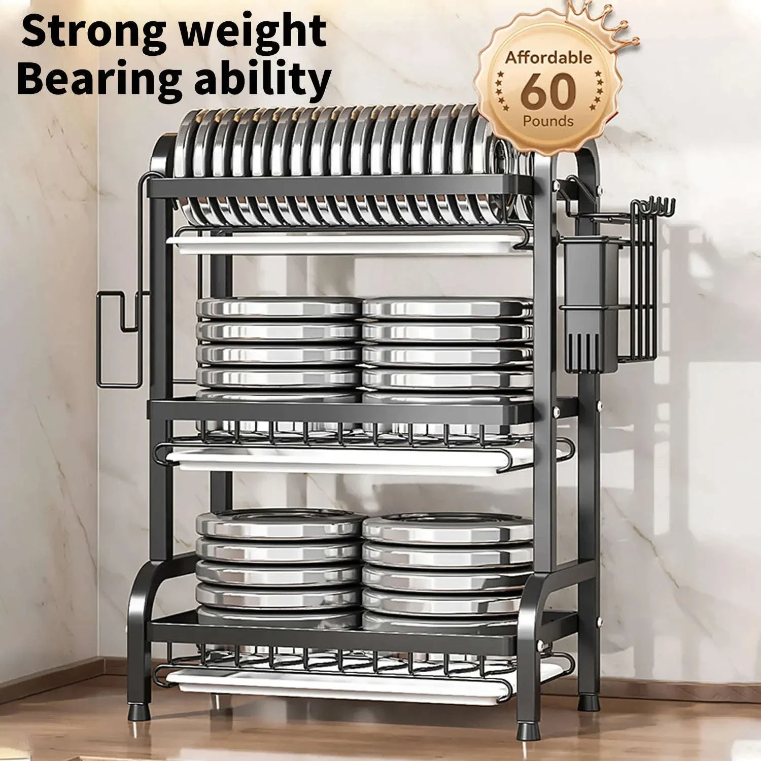 3-Tier Dish Drying Rack with Drainboard & Utensil Holders - Image 14