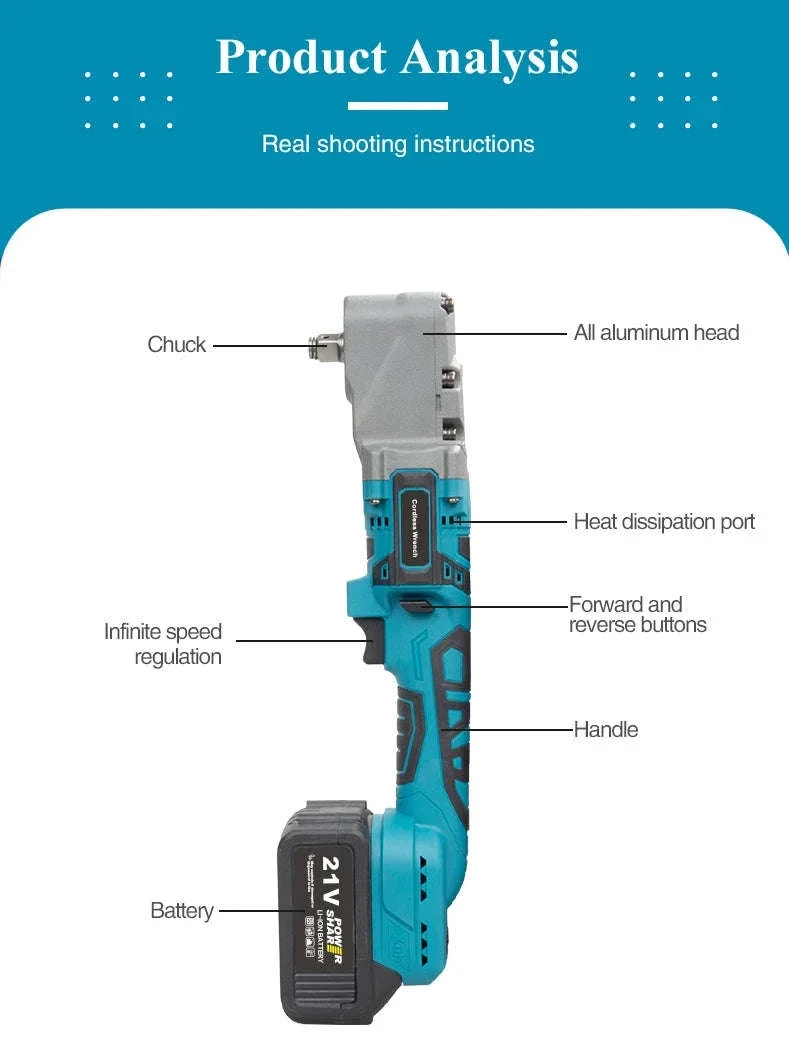 300Nm Cordless Right Angle Ratchet Wrench 90° Brushless 21V - Image 5