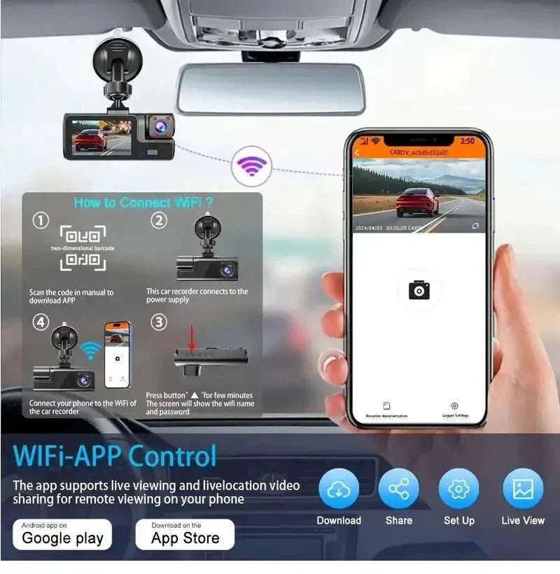 3 Channel WiFi Dash Cam Front Inside Rear 1080P Night Vision DVR - Image 14