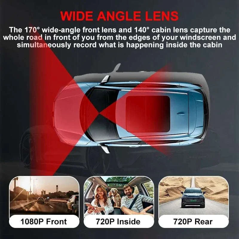 3 Channel WiFi Dash Cam Front Inside Rear 1080P Night Vision DVR - Image 2