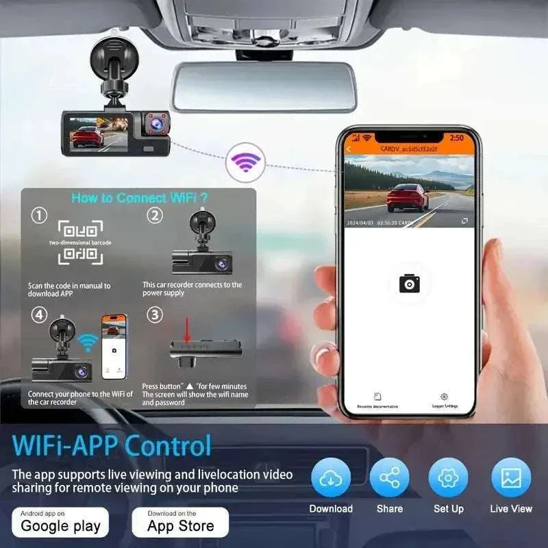 3 Channel WiFi Dash Cam Front Inside Rear 1080P Night Vision DVR - Image 6