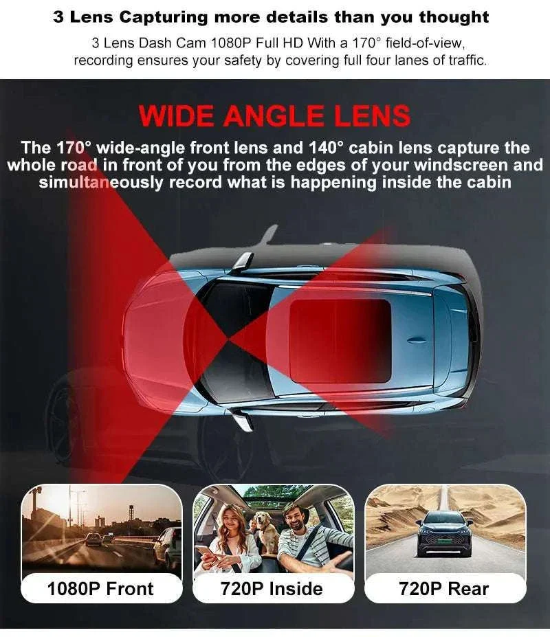 3 Channel WiFi Dash Cam Front Inside Rear 1080P Night Vision DVR - Image 9