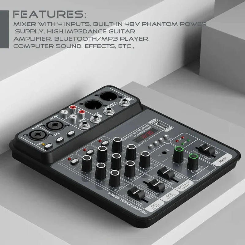 4 Channel Audio Mixer with USB, Bluetooth and Phantom Power - Image 3