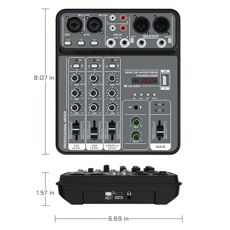 4 Channel Audio Mixer with USB, Bluetooth and Phantom Power - Image 6