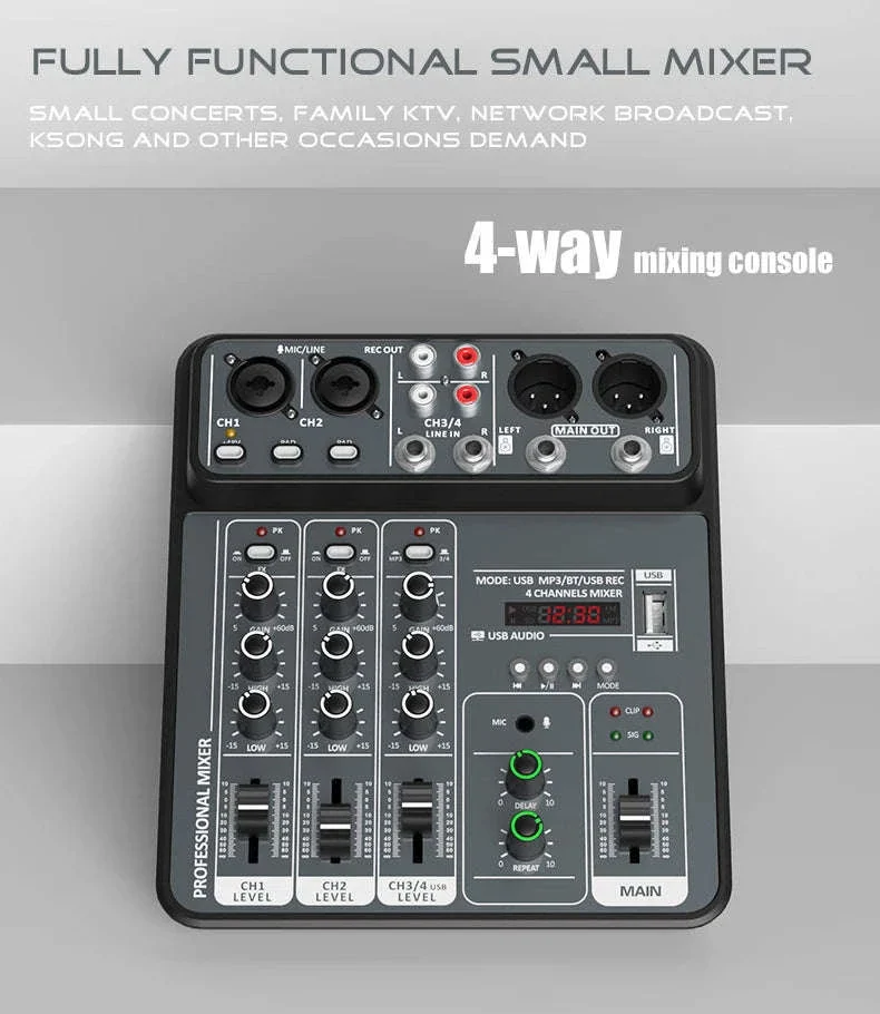4 Channel Audio Mixer with USB, Bluetooth and Phantom Power - Image 7