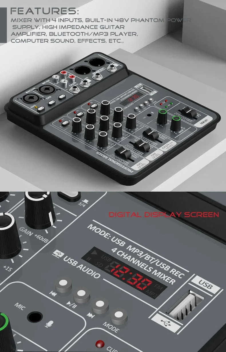 4 Channel Audio Mixer with USB, Bluetooth and Phantom Power - Image 9