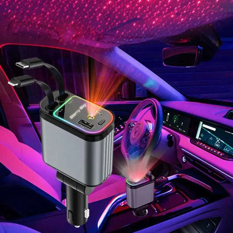4‑in‑1 Retractable Car Charger with Starry Sky Light and Dual Ports