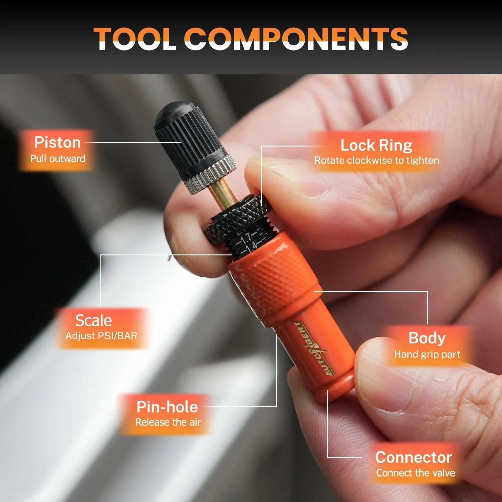 4-Piece Adjustable Auto-Stop Tire Deflator Kit 10-30 PSI Orange - Image 5