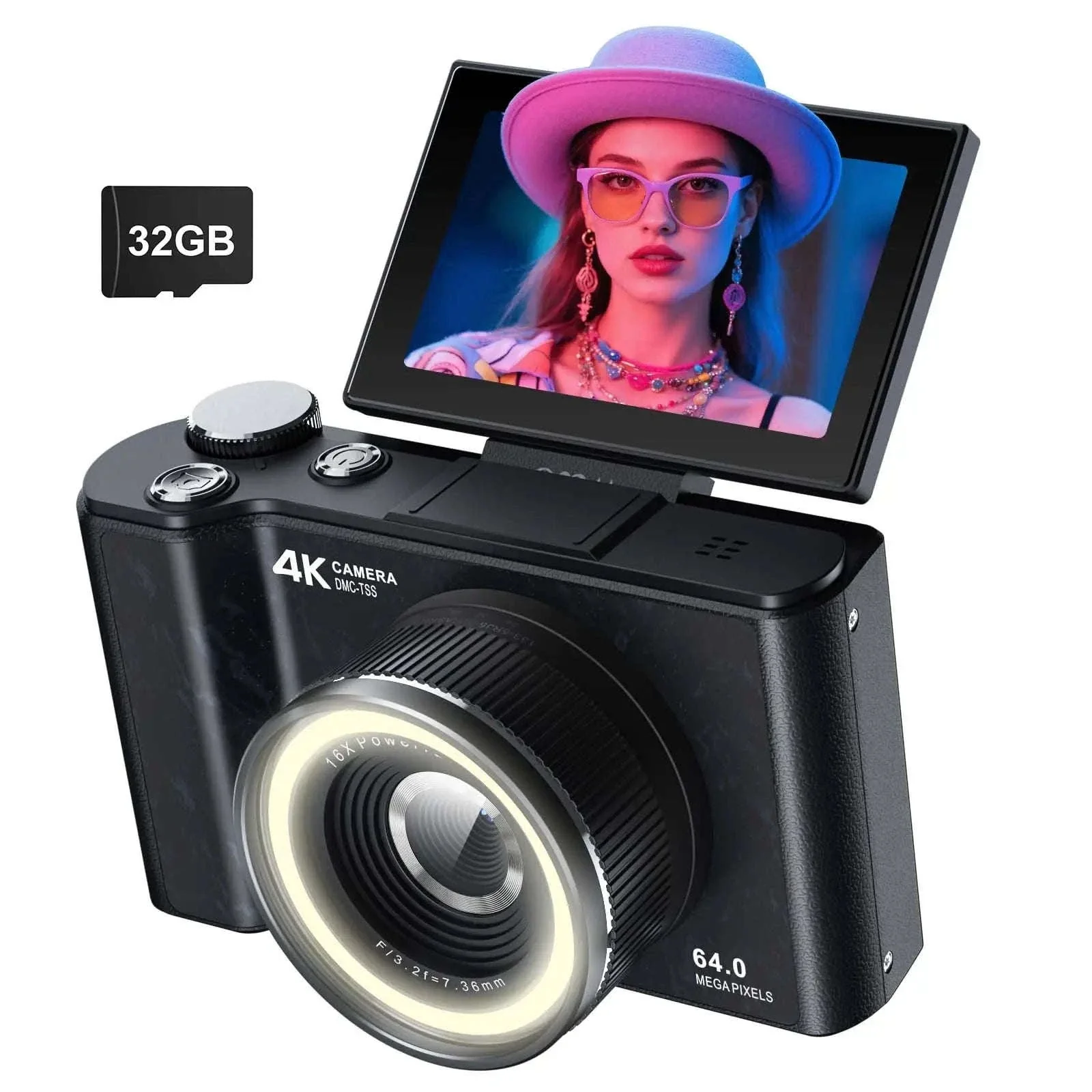 4K Digital Camera with Ring Light, Flip Screen for Vlogging