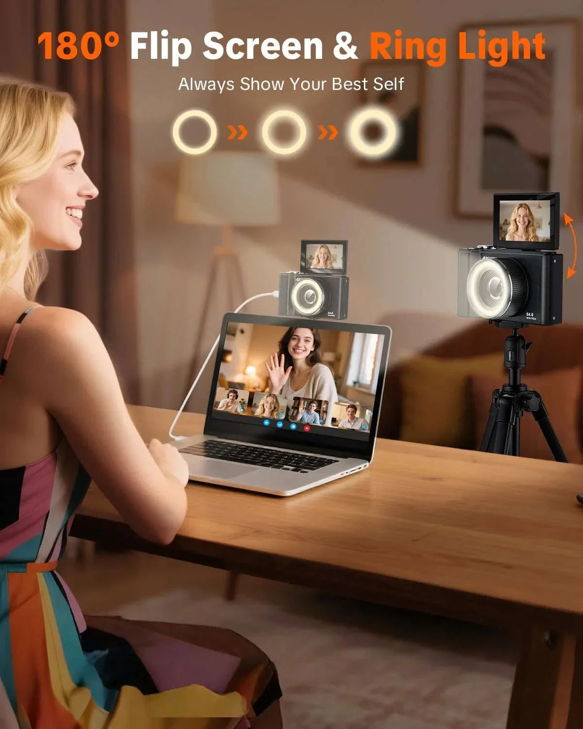 4K Digital Camera with Ring Light, Flip Screen for Vlogging - Image 2