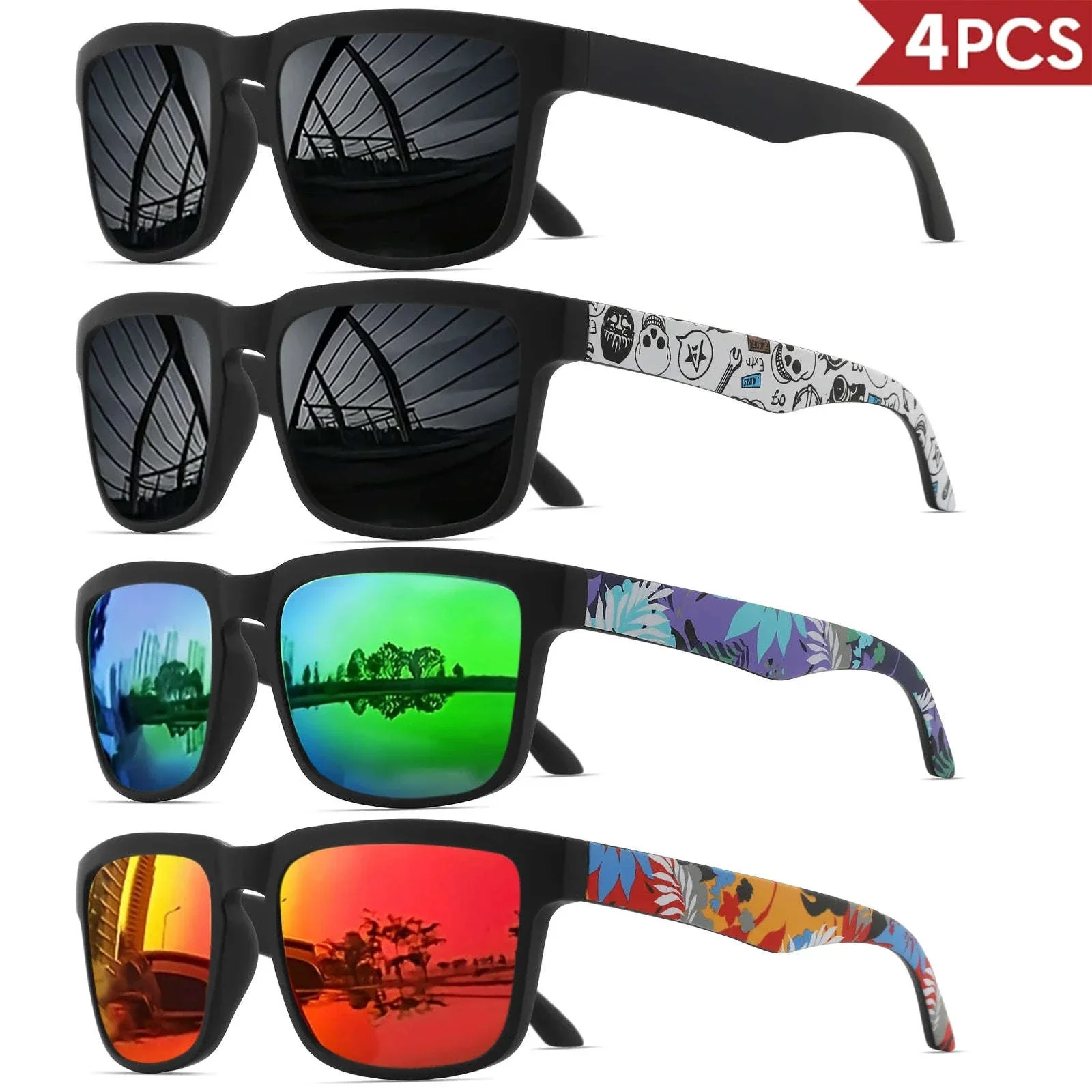 4PCS Square Sports Sunglasses with Designer Temple Pattern - Image 10