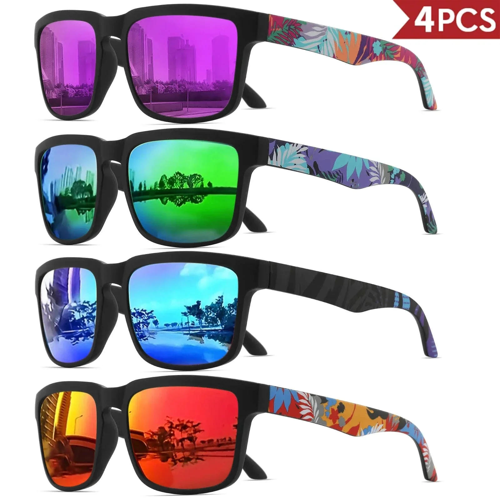 4PCS Square Sports Sunglasses with Designer Temple Pattern - Image 11