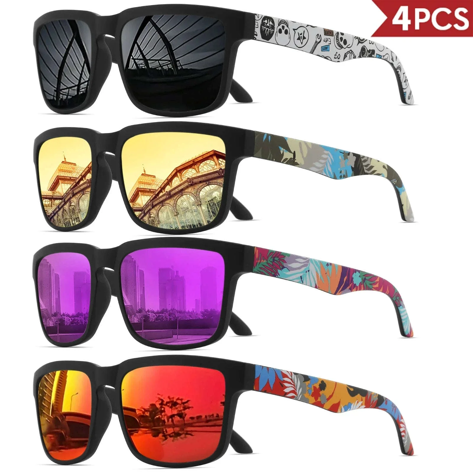 4PCS Square Sports Sunglasses with Designer Temple Pattern - Image 12