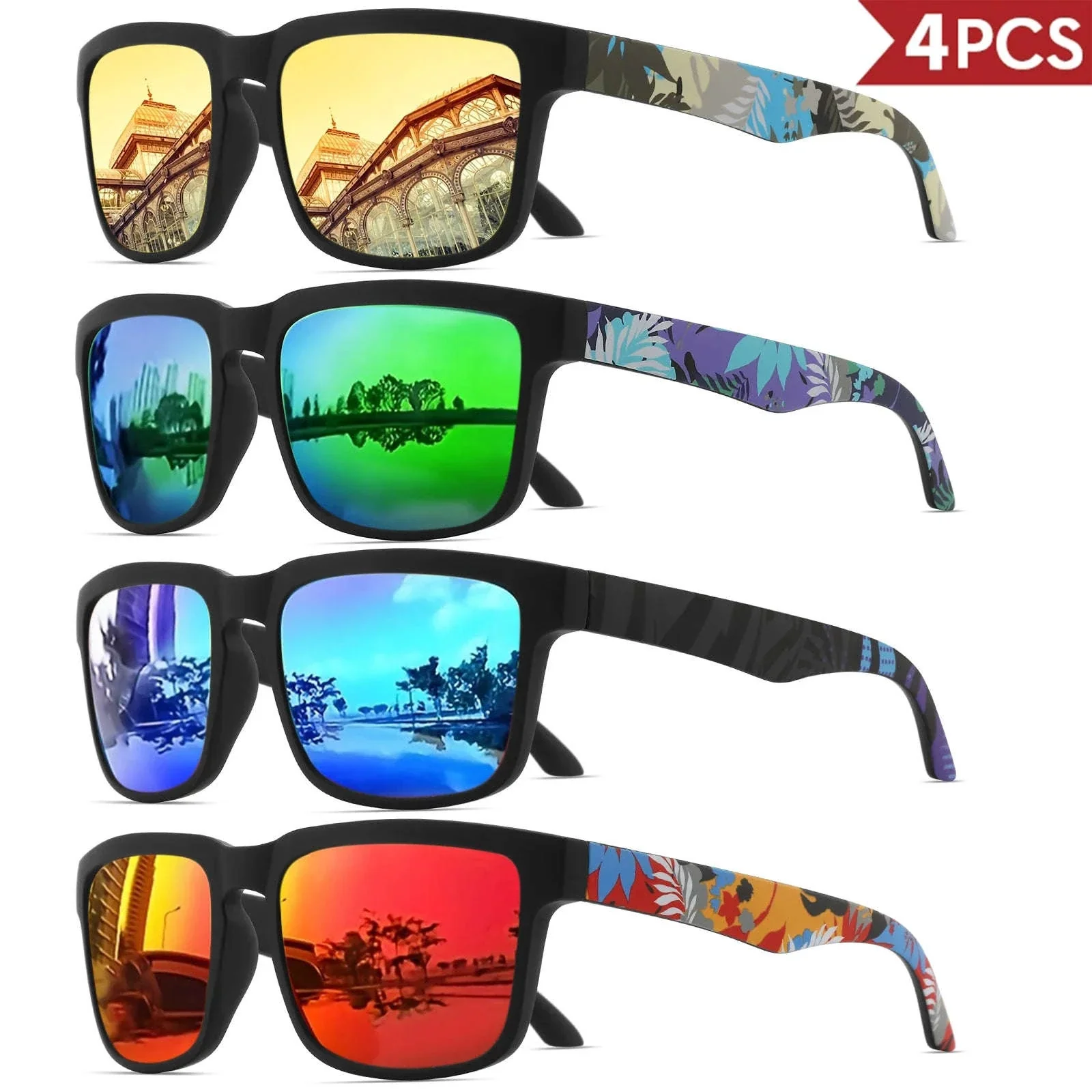 4PCS Square Sports Sunglasses with Designer Temple Pattern - Image 13