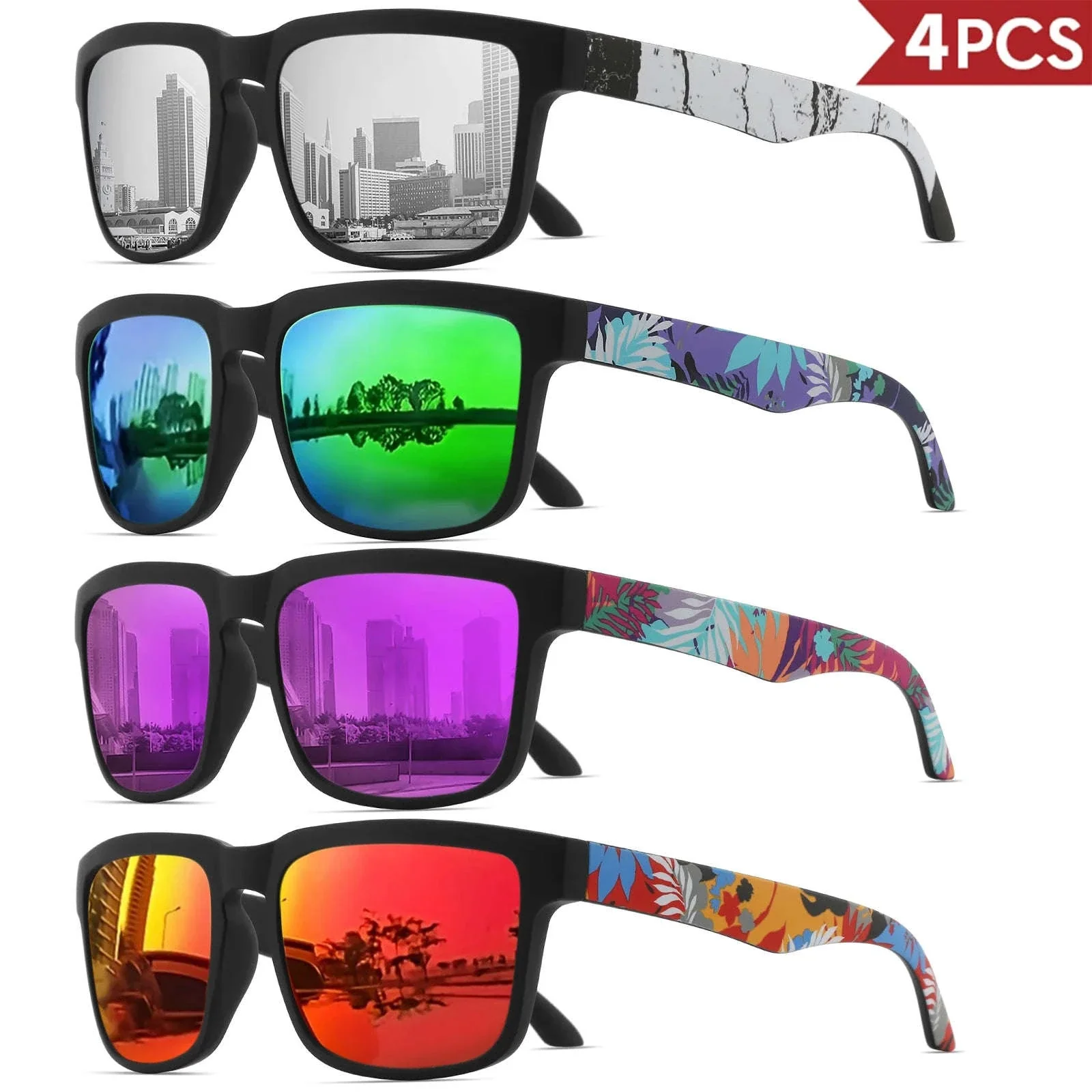 4PCS Square Sports Sunglasses with Designer Temple Pattern - Image 14