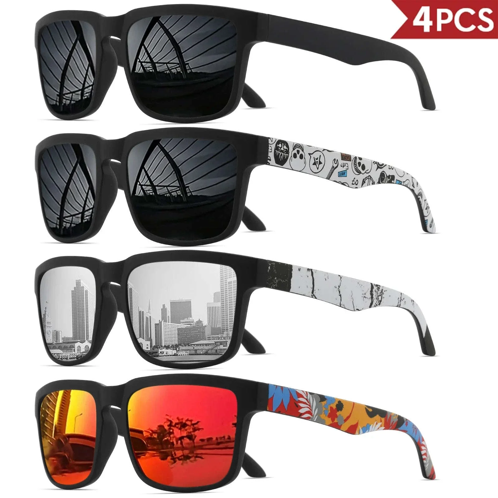 4PCS Square Sports Sunglasses with Designer Temple Pattern - Image 15